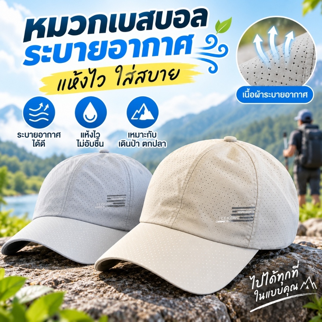หมวกแก๊ปผู้ชาย หมวกเบสบอล Outdoor ระบายอากาศ แห้งเร็ว น้ำหนักเบา ปรับสายได้ สำหรับกีฬา เดินป่า ตกปลา กอล์ฟ