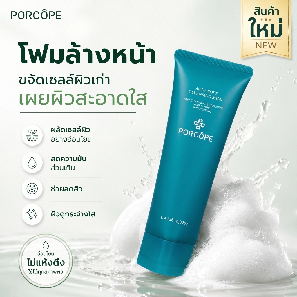 【PORCOPE】โฟมล้างหน้า ผลัดเซลล์ผิว 120g ลดความมัน ทำความสะอาดรูขุมขน ผิวเรียบเนียน กระจ่างใส
