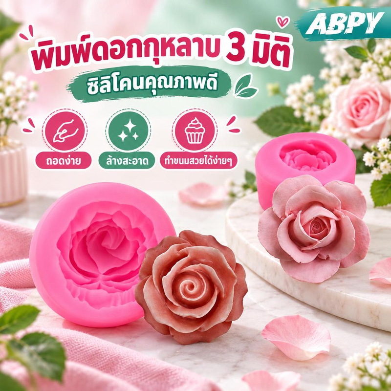 ABPY 3D ดอกไม้รูปดอกกุหลาบซิลิโคน Fondant สบู่เค้กแม่พิมพ์ Cupcake เบเกอรี่เครื่องมือ ABPY