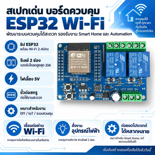 บอร์ด ESP32 รุ่น ESP32-Relay-DC-X2 พร้อมรีเลย์ 2 ช่อง รองรับแรงดัน DC5-60V มี WiFi Bluetooth เหมาะพั