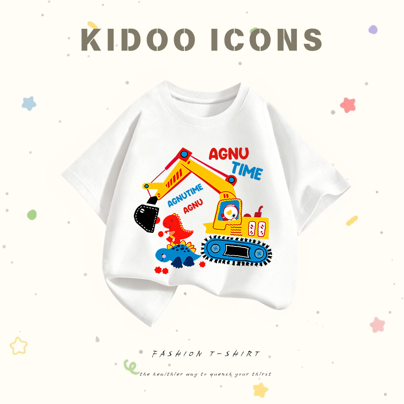 KIDOO ICONS เสื้อยืดเด็กคอกลม ผ้าฝ้ายแท้ 100% ลายรถขุดการ์ตูน แขนสั้น สไตล์เกาหลี #A01+5236