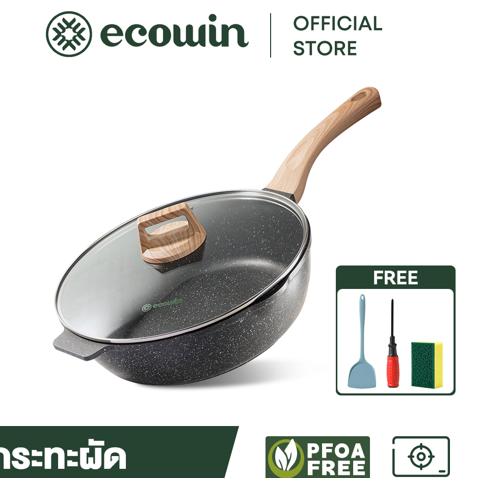 Ecowin กระทะพร้อมฝาปิด สีดำ การเคลือบหินทางการแพทย์ ไม่ติด เหมาะกับเตาทุกประเภท ขนาด 24/28/30/32