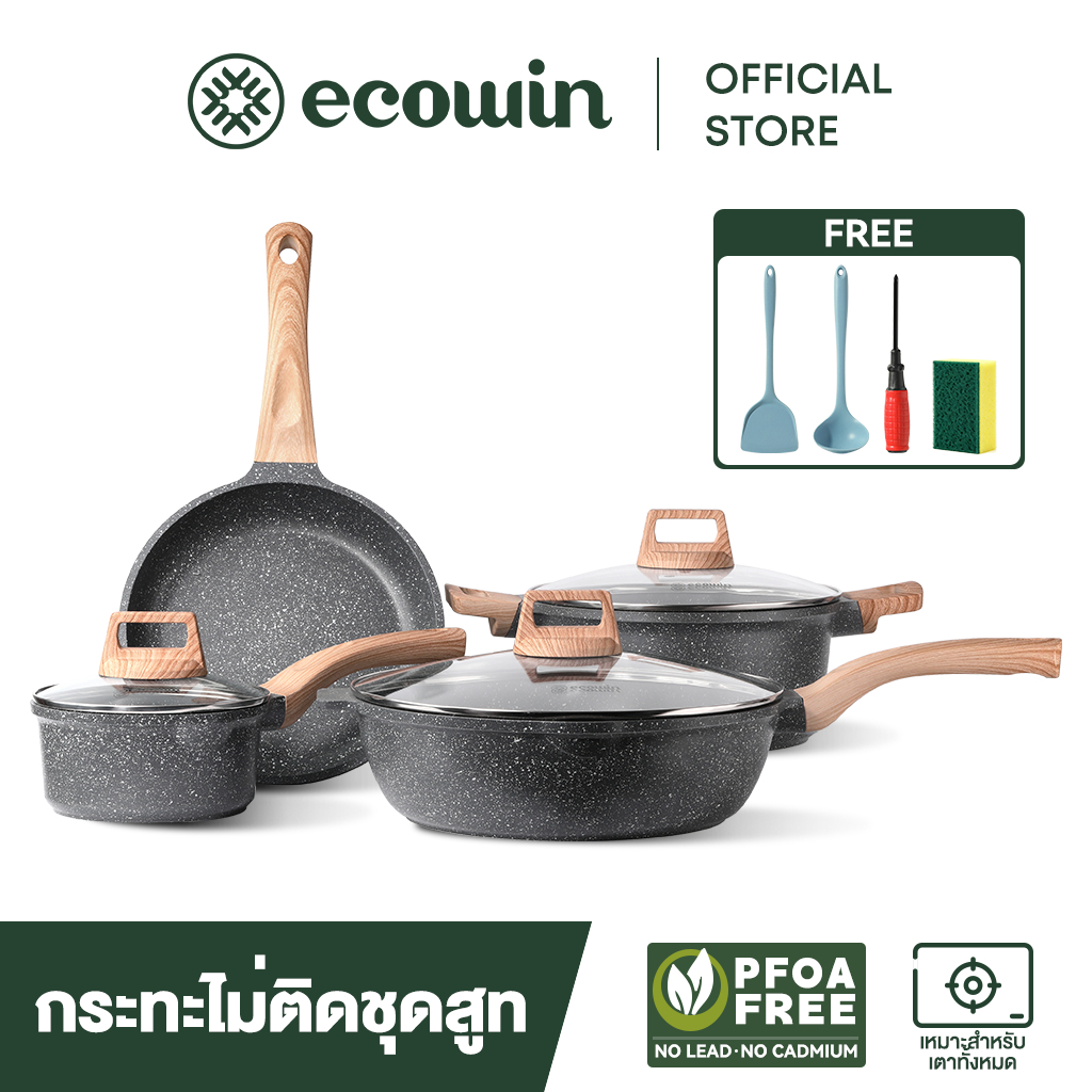 Ecowin ชุดเครื่องครัว กระทะไม่ติดกระทะ กระทะ หม้อซุป ซอส PFOA PTFE สําหรับเตาทุกประเภท 3 4 ชิ้น