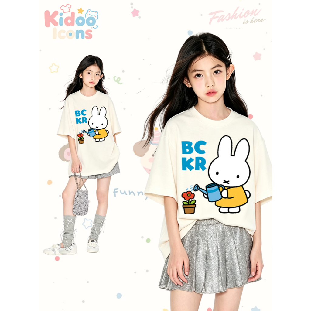 KIDOO ICONS เสื้อยืดเด็กผู้หญิงคอกลมฤดูร้อน สไตล์ลำลองทรงหลวม ลายสกรีนการ์ตูน Miffy เนื้อนุ่มยืดหยุ่
