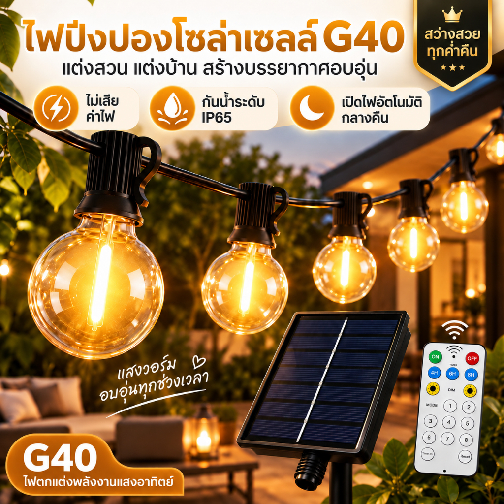 ไฟปิงปอง G40 ไฟวินเทจ ไฟนอกอาคาร  ไฟโซล่าเซลล์ G40 string lights โซล่าเซลล์ ขั้วE12 IP65 เหมาะสำหรับภายนอกอาคาร