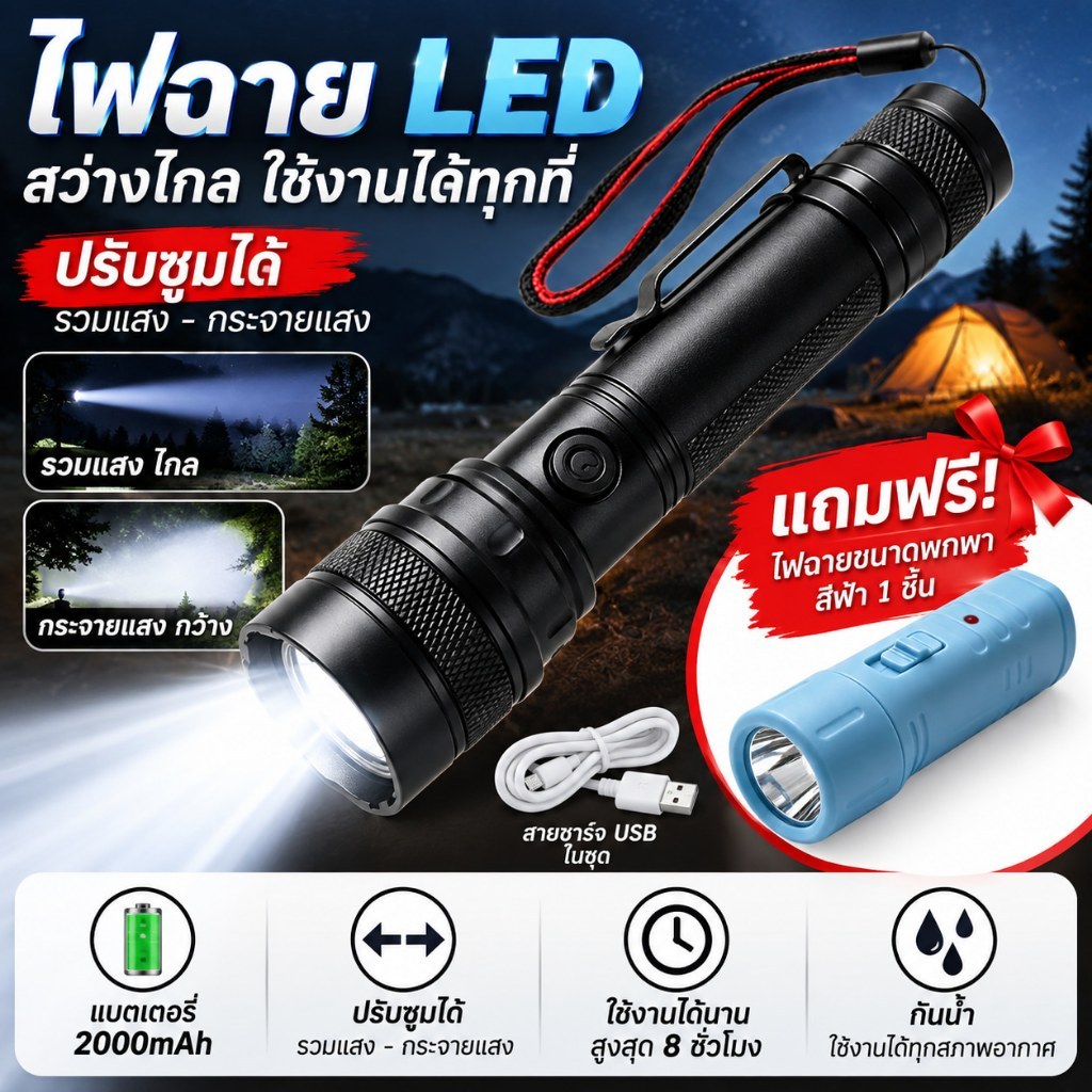 ไฟฉาย LED ชาร์จได้ ตัวถังอลูมิเนียมอัลลอยด์ ปรับโฟกัสได้ 3 โหมดแสง พอร์ตชาร์จซ่อนอยู่ มีคลิปหนีบเข็มขัด สำหรับตั้งแคมป์ปิ้ง และสถานการณ์ฉุกเฉิน