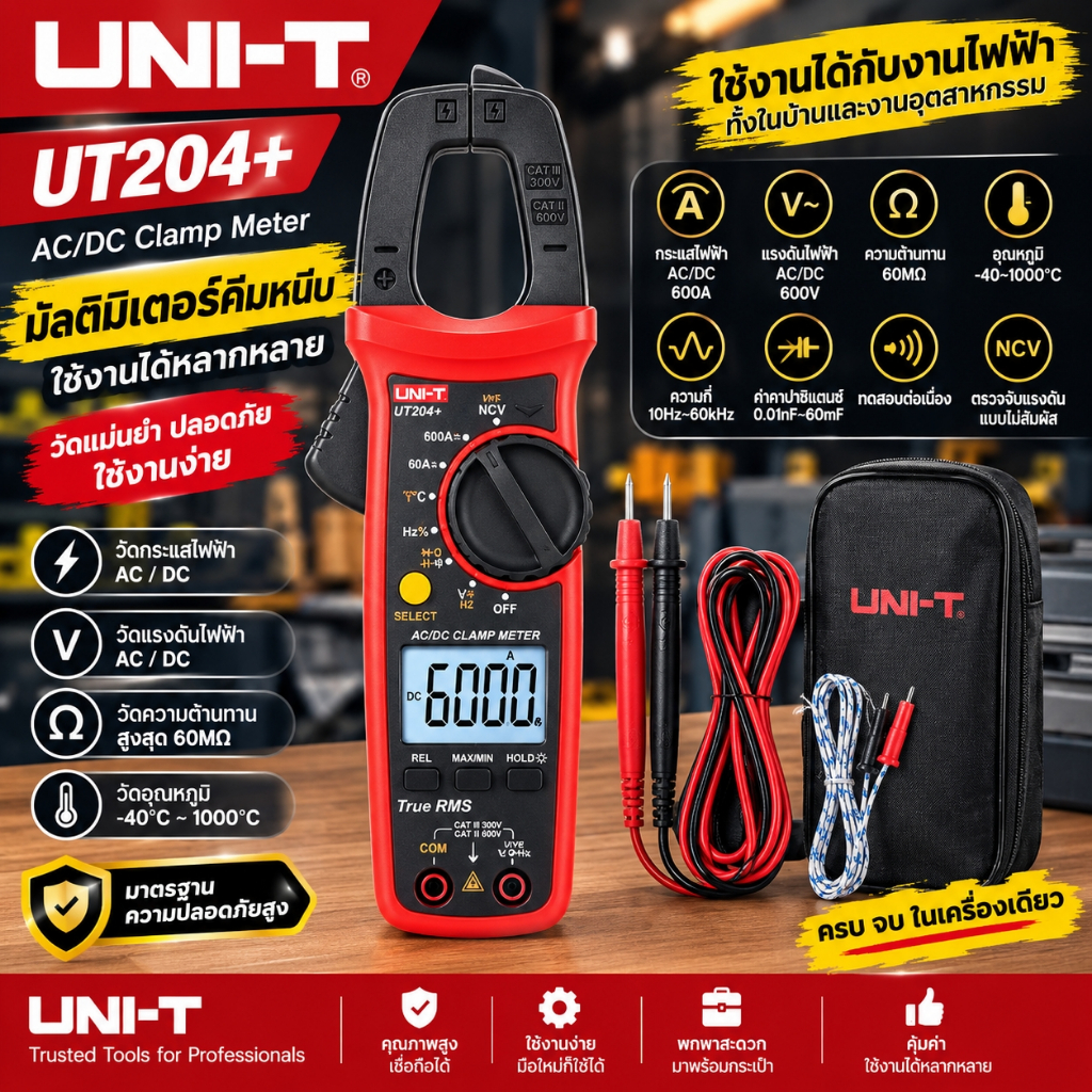 UNI-T UT204+ แคลมป์มิเตอร์ ดิจิตอล AC/DC วัดกระแสไฟฟ้า แรงดัน อุณหภูมิ ของแท้