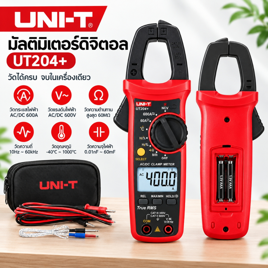 CODแคลมป์มิเตอร์ UNI-T UT204+ ดิจิตอล AC/DC 600A 600V True RMS มัลติมิเตอร์ วัดกระแสไฟฟ้า NCV ของแท้