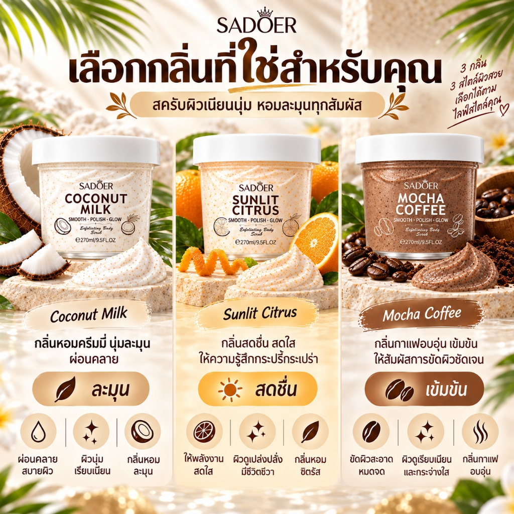 SADOER สครับผิวกาย สครับขัดผิว กลิ่นมะพร้าว ซิตรัส มอคค่า ช่วยให้ผิวเนียนนุ่ม ดูกระจ่างใส 270g