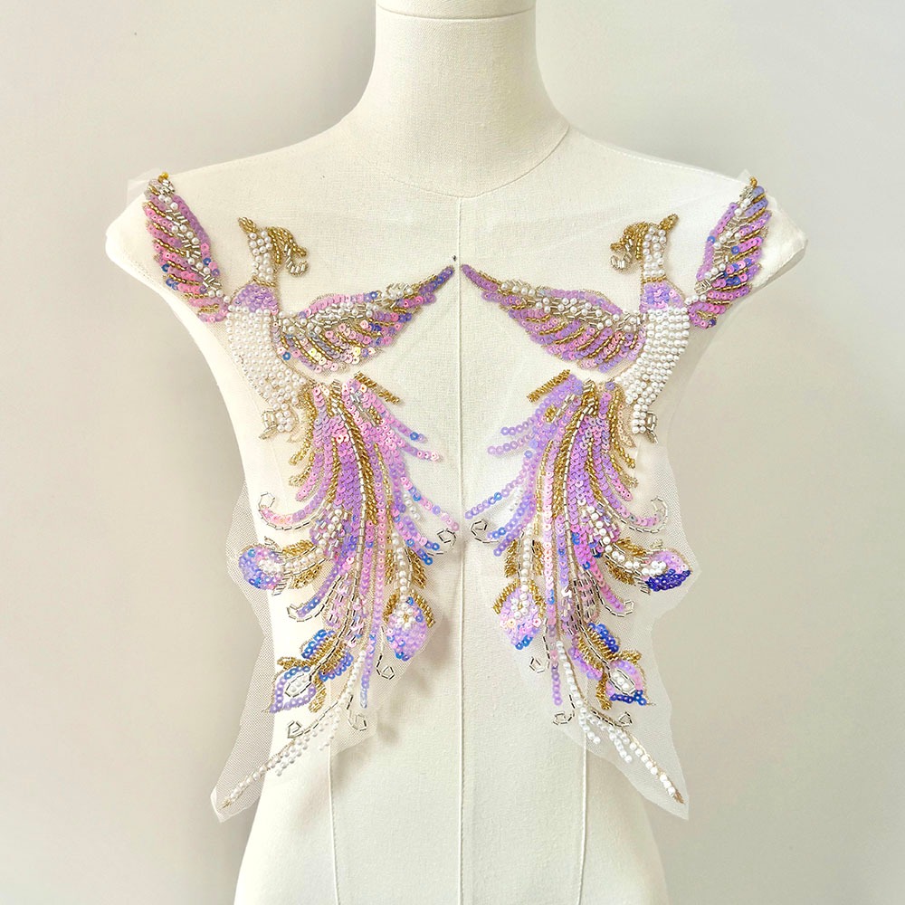 1 คู่ Iridescent Phoenix เลื่อมลูกปัดเย็บปักถักร้อย Applique สําหรับชุดราตรี DIY เย็บ