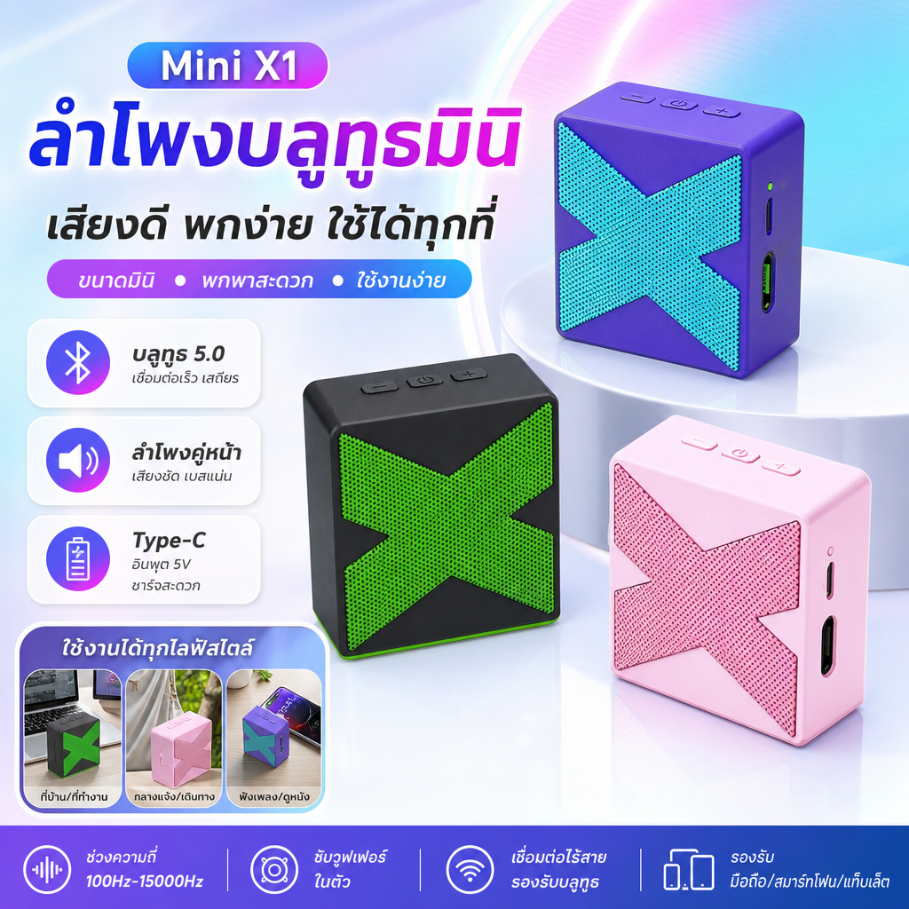 ลำโพงบลูทูธไร้สาย Mini X1 มินิพกพา Bluetooth 5.0 อินพุต Type-C ซับวูฟเฟอร์เสียงดี สำหรับใช้งานที่บ้า