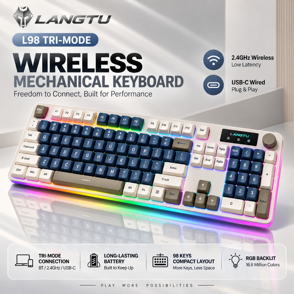 LANGTU L98 Tri-Mode Silent Membrane Gaming Keyboard Cream Touch Smart Display + Knob RGB Backlit BT 