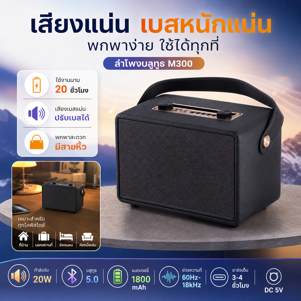 ลำโพงบลูทูธพกพา รุ่น M300 20W ปรับเบสได้ บลูทูธ 5.0 แบต 1800mAh ใช้งานยาวนาน รองรับ USB/TF/MIC พร้อม