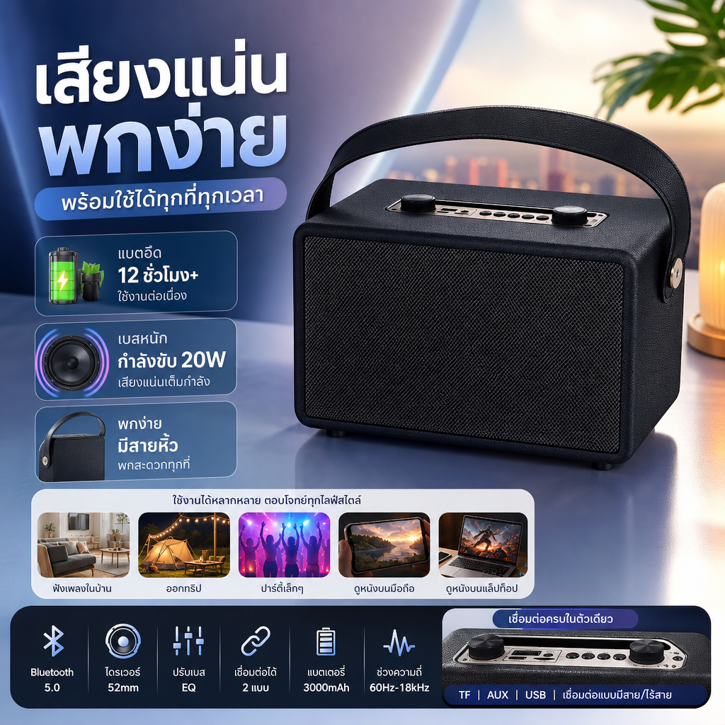 ลำโพงบลูทูธ OSCROP M300 กำลังขับ 20W ปรับเบสได้ แบต 3000mAh Bluetooth 5.0 พกพาสะดวกมีสายหิ้ว ใช้งานต