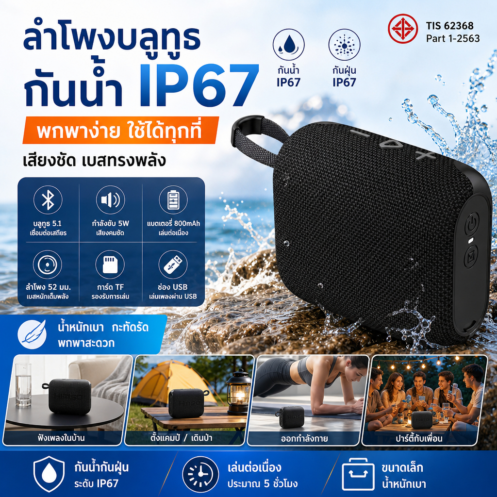 ลำโพงบลูทูธพกพา กันน้ำกันฝุ่น IP67 แบตเตอรี่ 800mAh เล่นต่อเนื่องราว 5 ชม. Bluetooth 5.1 รองรับการ์ด