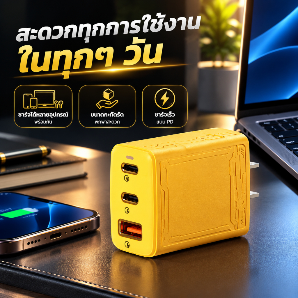 ที่ชาร์จ GaN 145W ชาร์จเร็ว PD 3 พอร์ต พร้อมสายชาร์จ Type-C 120W รองรับมือถือ แท็บเล็ต แล็ปท็อป ใช้ง