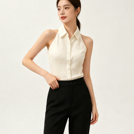 สีขาวเนื้อHalterคอLapelเสื้อแขนกุดผู้หญิงแคบ-เอวSlim-fit Classy Pure Desireสไตล์ฝรั่งเศสโกนไหล่ติดกระดุมสุภาพสตรีแฟชั่นด้านบน