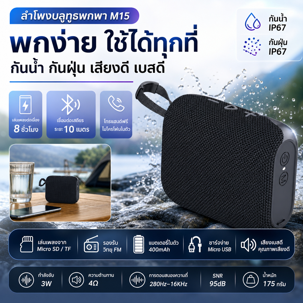 OSCROP KMS-M15 ลำโพงบลูทูธพกพา IP67 กันน้ำกันฝุ่น Bluetooth V4.2 เล่นเพลงได้นาน 8 ชม. เสียงเบสดี รอง