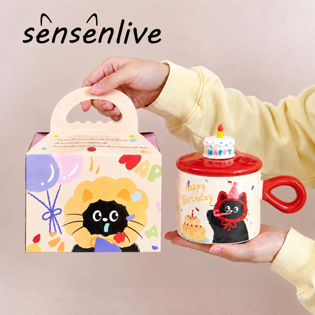 SENSENLIVE แก้วเซรามิคแมวน่ารัก พร้อมฝาปิด แก้วกาแฟสวยงาม ของขวัญวันเกิดสำหรับผู้หญิง ของขวัญวันครู