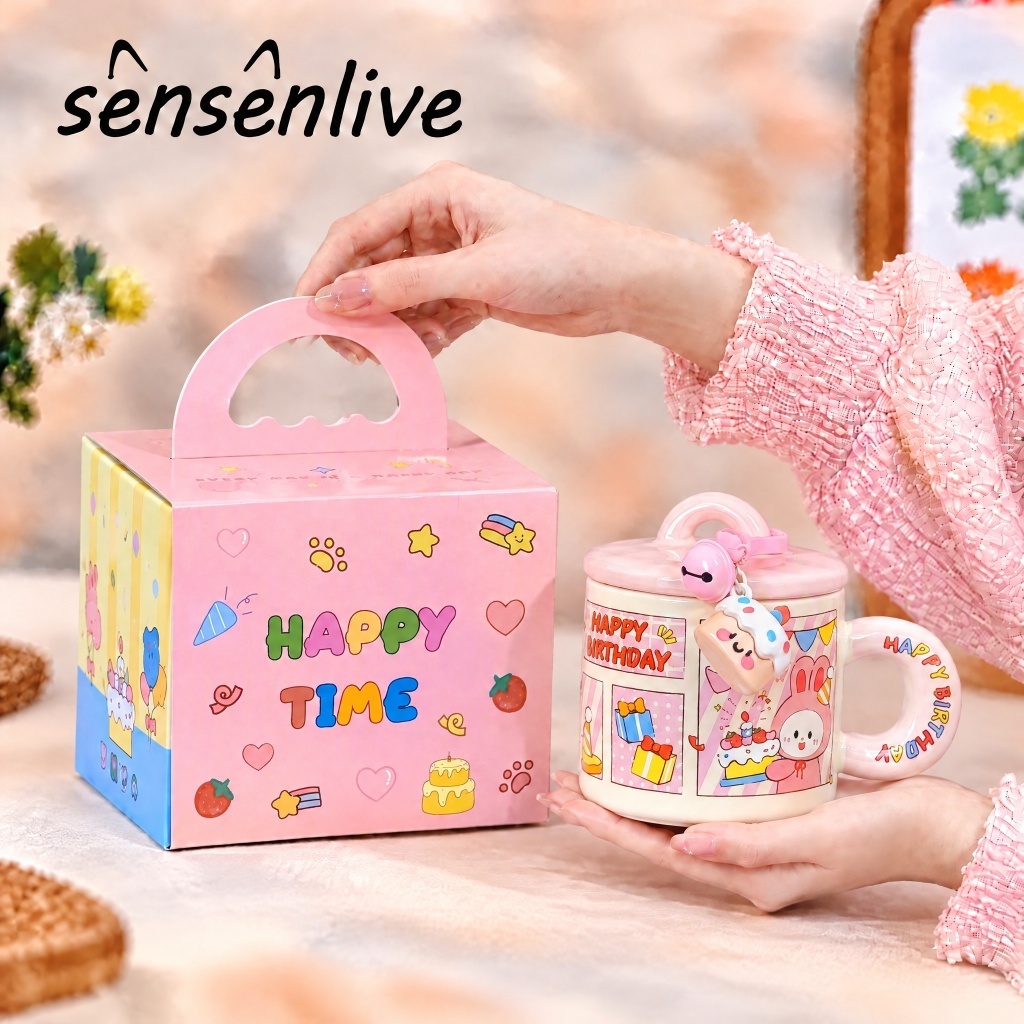 SENSENLIVE แก้วน้ำเซรามิกน่ารัก พร้อมฝาปิด ชุดของขวัญกล่องสวย ใช้เป็นของขวัญวันเกิดสําหรับสาวๆ ของปัจฉมิ