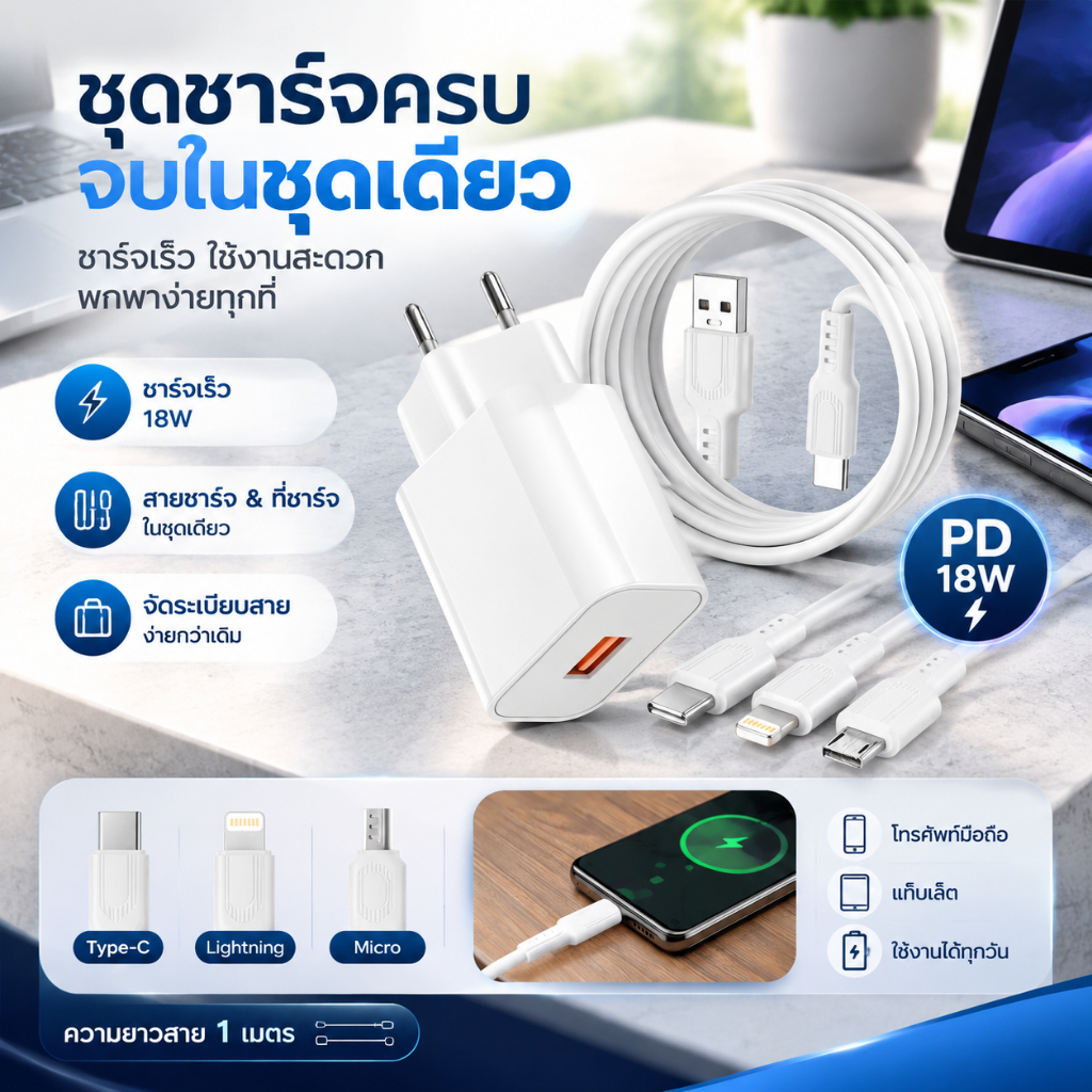 LUOBR Q36 ชุดชาร์จ 18W Type-C/IP/Micro ชาร์จเร็ว PD ส่งข้อมูลได้ สายยาว 1m ใช้กับมือถือแท็บเล็ต รับป