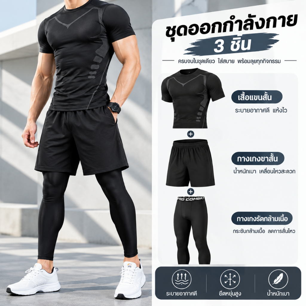 ชุดออกกำลังกาย 3 ชิ้นสำหรับผู้ชาย แห้งเร็วและระบายเหงื่อได้ดี เหมาะสำหรับการวิ่ง ออกกำลังกาย และว่ายน้ำ