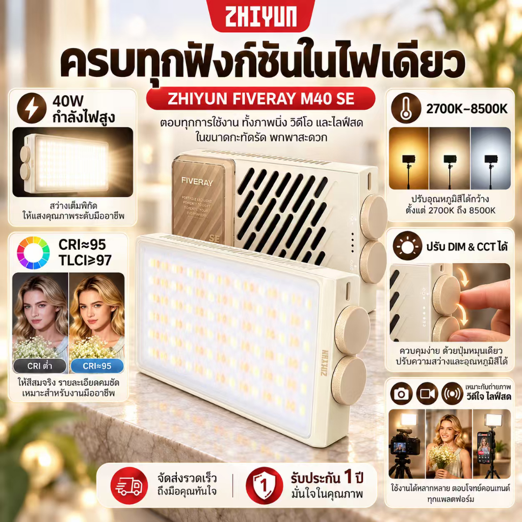 ไฟเติมแสง ZHIYUN Fiveray M40 SE กำลัง40W ให้แสงคุณภาพสูง เหมาะใช้ถ่ายรูป ถ่ายคลิปวิดีโอและงานสตูดิโอ