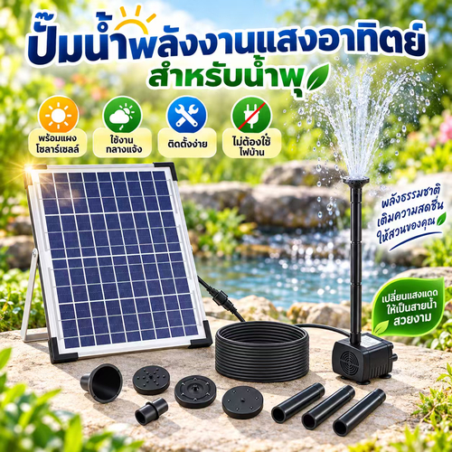 ปั๊มน้ำพุพลังงานแสงอาทิตย์ 10W มาพร้อมแผงโซล่าเซลล์ขนาดใหญ่ มีหัวฉีด3แบบ ยกน้ำสูงสุด100ซม. เหมาะใช้กับอ่างอาบน้ำนก ตู้ปลาและบ่อขนาดเล็ก Solar Fountain Pump