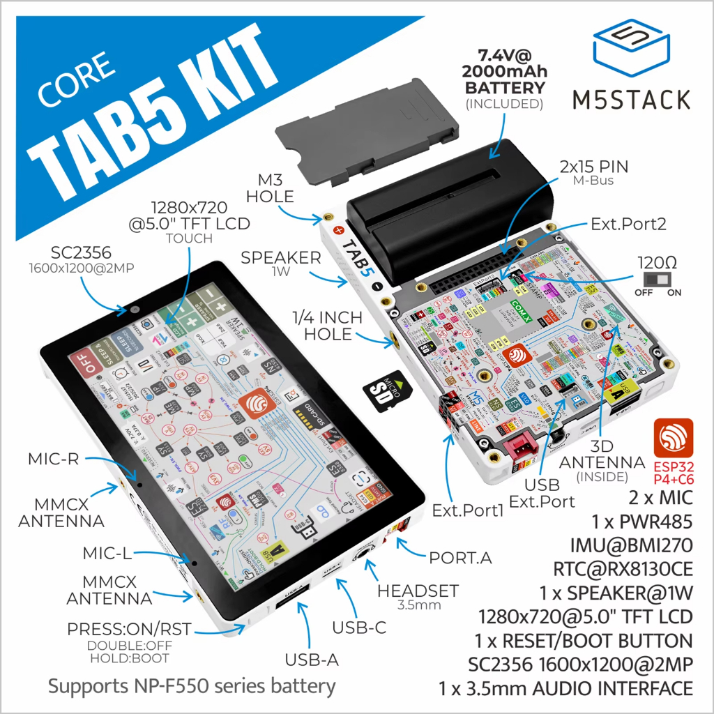 ⭐⭐⭐M5Stack TAB5 แบบพกพาสมาร์ท IoT Terminal Development อุปกรณ์ 5 นิ้ว IPS ESP32-P4 และ ESP32-C6 แอพพ