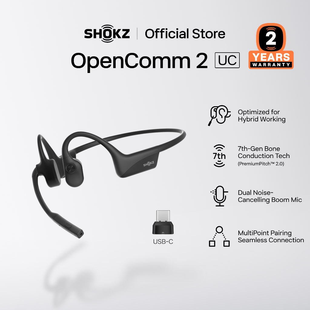 SHOKZ C120 OpenComm 2 UC ใส่สบายทั้งวัน | ไมโครโฟนบูมแบบตัดเสียงรบกวนคู่ | เชื่อมต่อบลูทูธได้อย่างราบรื่น | สนทนาได้ยาวนาน 16 ชั่วโมง