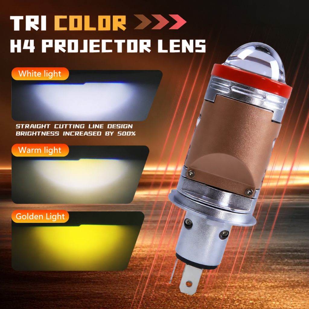 CAROLYN Tri-Color H4 LED Mini โปรเจคเตอร์เลนส์ 120W 6000K ไฟหน้า 500% Brighter เหมาะสําหรับรถออฟโรด Motocycle