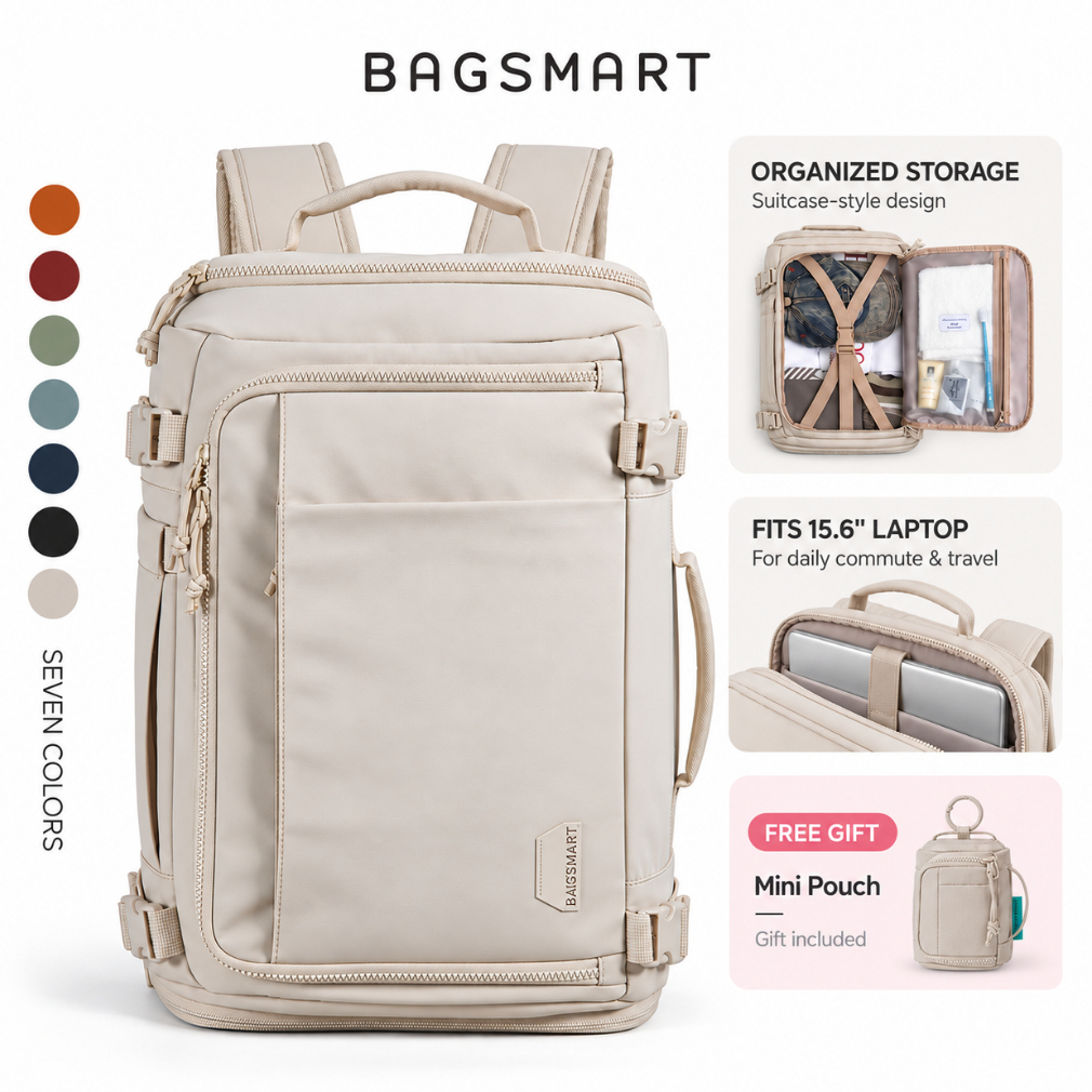 BAGSMART Travel Backpack กระเป๋าเป้สะพายหลัง 15.6 นิ้ว 38 ลิตรกันน้ำได้อย่างรวดเร็วเข้าถึงแล็ปท็อปเด