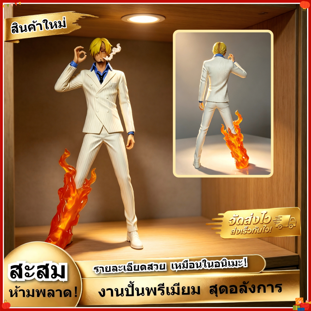 ✨พร้อมส่ง✨One Piece Vinsmoke Sanji Figure สีขาว，ทักษะเตะลมปีศาจ，สูง 32 เซนติเมตร， ของสะสม ของขวัญ，บรรจุภัณฑ์กล่องสี