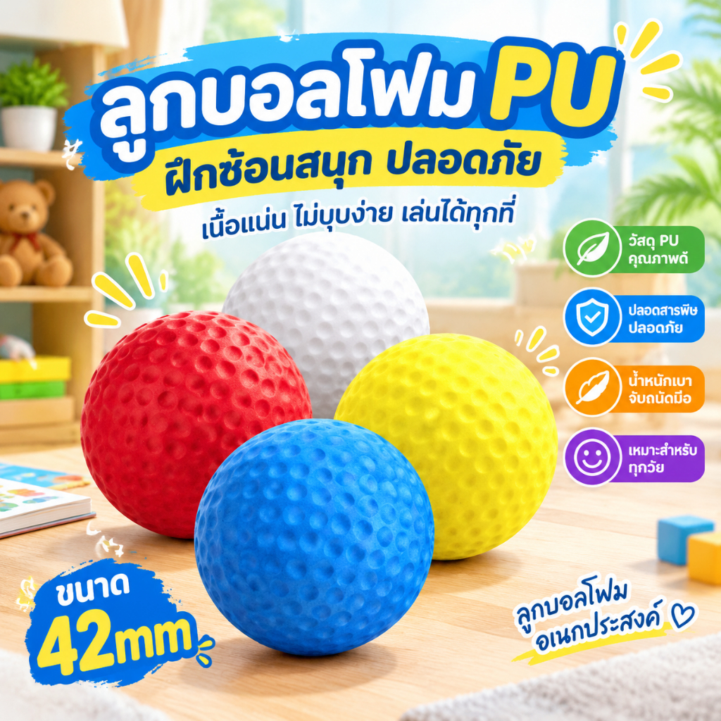 คันเอ็นเอ็ม. 42Mm ผสมสี Pu Foam Solid Sponge Soft Ball Indoor Golf Practice Ball ของเล่น Ball COD