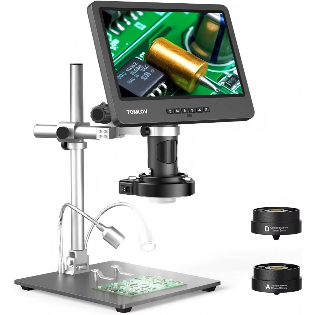 TOMLOV DM602 Pro HDMI กล้องจุลทรรศน์ดิจิตอล 10.1 นิ้วหน้าจอ 2000X แหวนขยาย Light Boom Stand 3 เปลี่ยนเลนส์บัดกรีกล้องจุลทรรศน์เหรียญใช้งานร่วมกับ Windows Mac TV