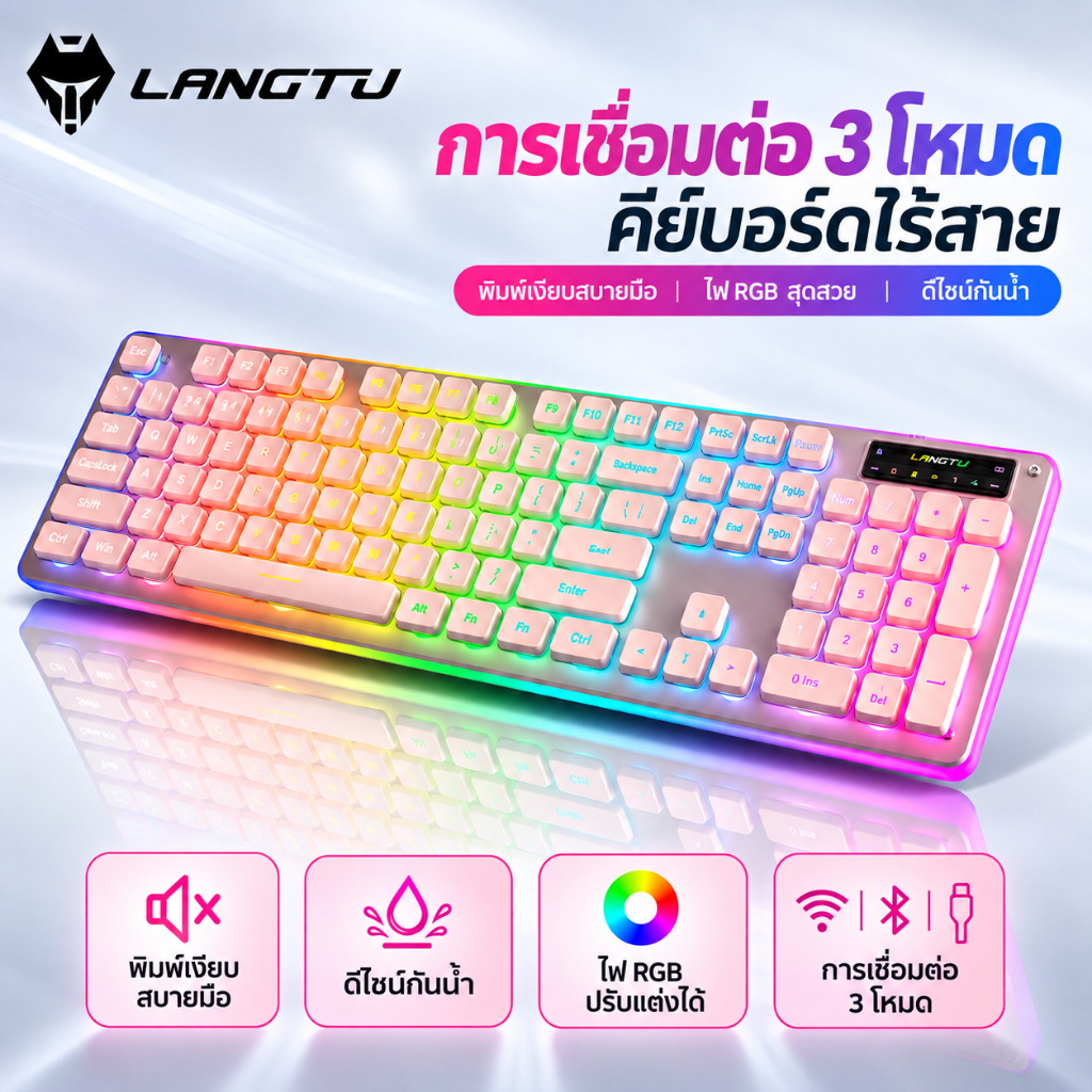 LANGTU L1 Tri-Mode BT/คีย์บอร์ดเมมเบรนบางเฉียบขนาดเต็ม พร้อมไฟแบ็คไลท์ RGB เหมาะสำหรับใช้งานในออฟฟิศ หรือ เล่นเกม Esports