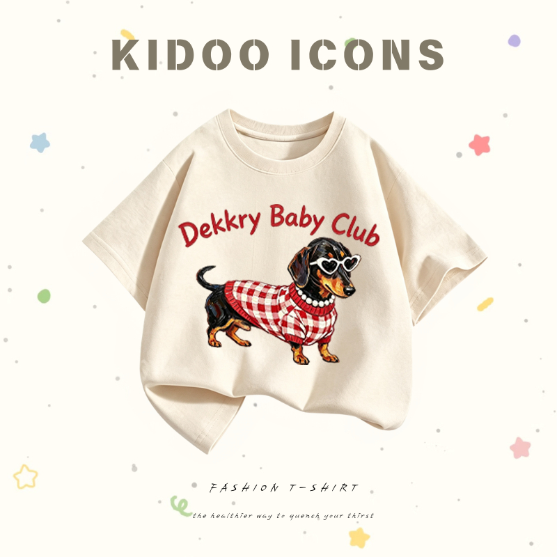 KIDOO ICONS เสื้อยืดเด็กผู้หญิงฤดูร้อน สไตล์ลำลอง ทรงหลวม ลายสุนัขดาชชุนด์การ์ตูน ผ้าฝ้ายแท้ 100% #A01+6088