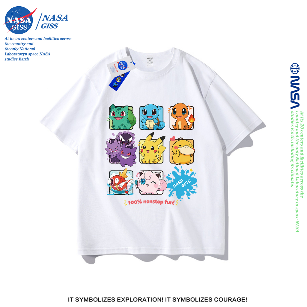 NASA เสื้อยืดชายหญิงแขนสั้น สไตล์ลำลอง summer โปเกมอน 9 ช่อง พิมพ์ลาย t-shirt แบบหลวม คอกลม ยับยากไม่ต้องรีด