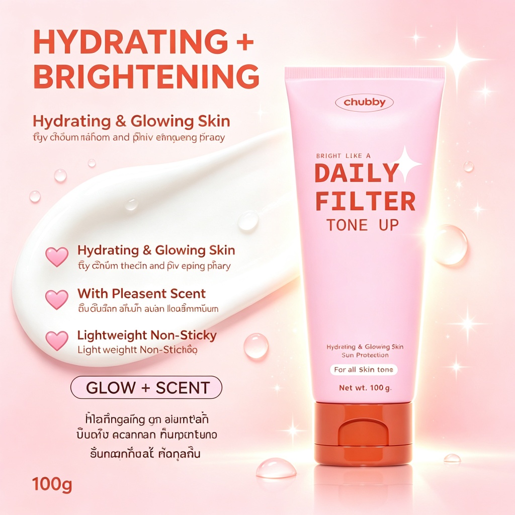 Chubby Daily Filter Tone Up Cream 100g Bright Like a Filter, Instant Glow 3-4 เฉดสี, สูตร Non-Sticky Hydrating, กันน้ํา & Sweat-Resistant