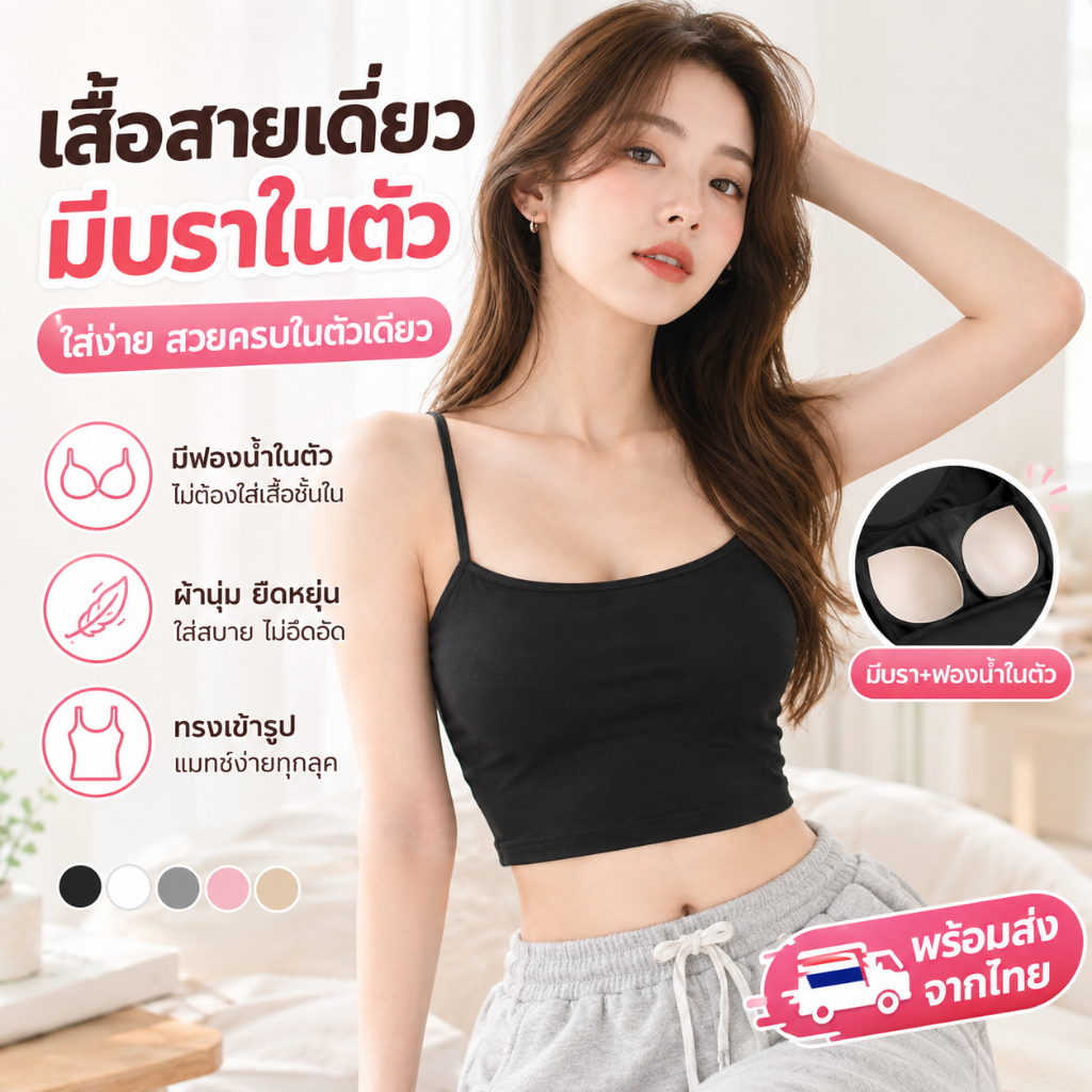 เสื้อสายเดี่ยวมีบราในตัว เสื้อกล้ามผู้หญิง มีฟองน้ำในตัว ผ้านุ่มยืดหยุ่น ใส่สบาย เสื้อครอปเข้ารูป