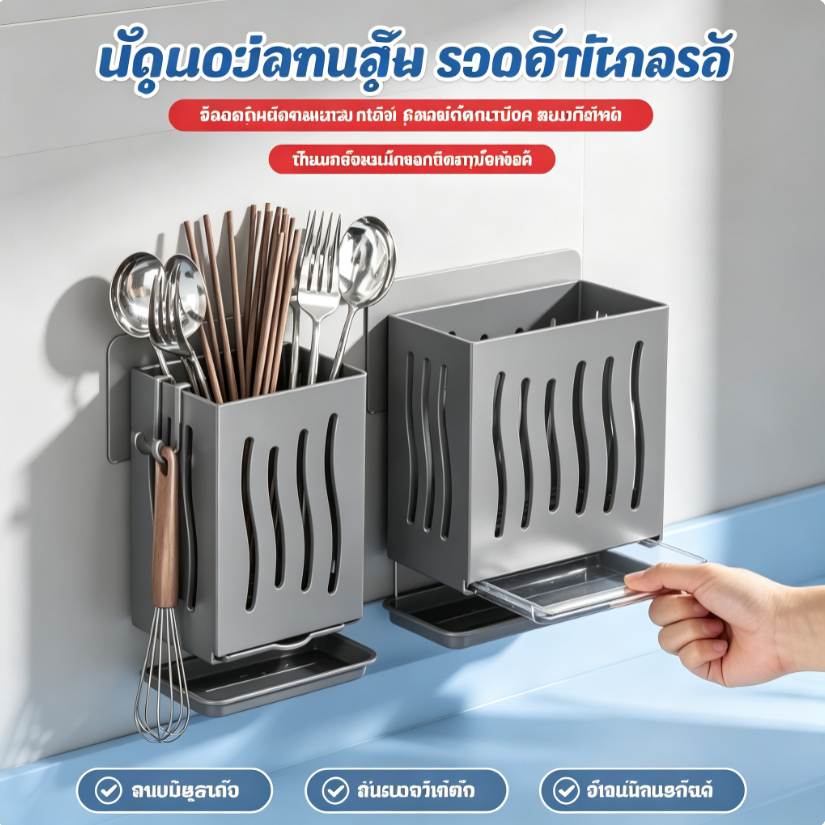 กล่องเก็บช้อนส้อมตะเกียบ แบบระบายน้ำในตัว พลาสติกหนา แข็งแรง (ที่วางช้อนส้อมห้องครัว)