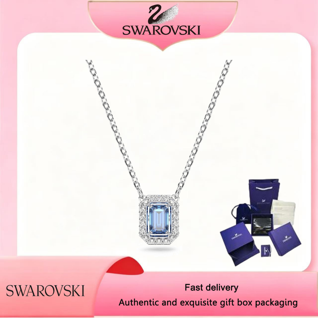 SWAROVSKI สวารอฟสกี้ ใหม่ ส925 เงินสเตอร์ลิง พลอยสีฟ้าสแควร์ตัดสร้อยคอมิลเลนเนียม ของขวัญที่ดีที่สุดสําหรับแฟนหรือเพื่อนที่ดีที่สุดในวันวาเลนไทน์หรือวั