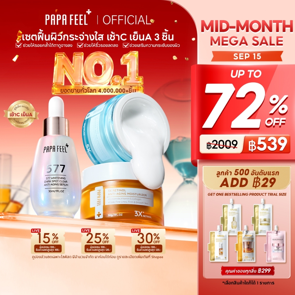 PAPA FEEL ชุดสกินแคร์ | 577 Dark Spot ลดรอยด่าง ผิวสว่างใส Serum | 5X Ceramide ซ่อมเกราะป้องกันผิว C