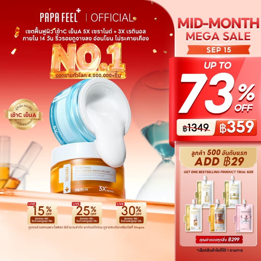 [เช้า C เย็น A] PAPA FEEL 3X Retinol ลดริ้วรอย กระชับผิว ครีมทาหน้า + 5X Ceramide ปลอบประโลมรอยแดง ค