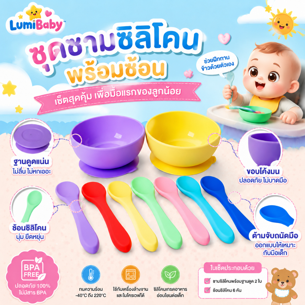 Merry care ช้อนซิลิโคน ช้อนเด็ก ปลอดสาร ช้อนซิลิโคน งอได้ ป้อนอาหาร