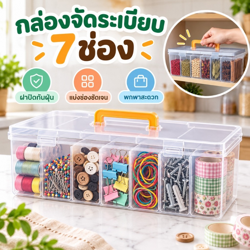 ชุดจัดระเบียบเครื่องมือ 7 ชิ้นกล่องเก็บของกันฝุ่นโปร่งใสพร้อมที่แบ่งพกพาแบบพกพาสําหรับจักรเย็บผ้าด้ายเข็มอุปกรณ์งานฝีมือ