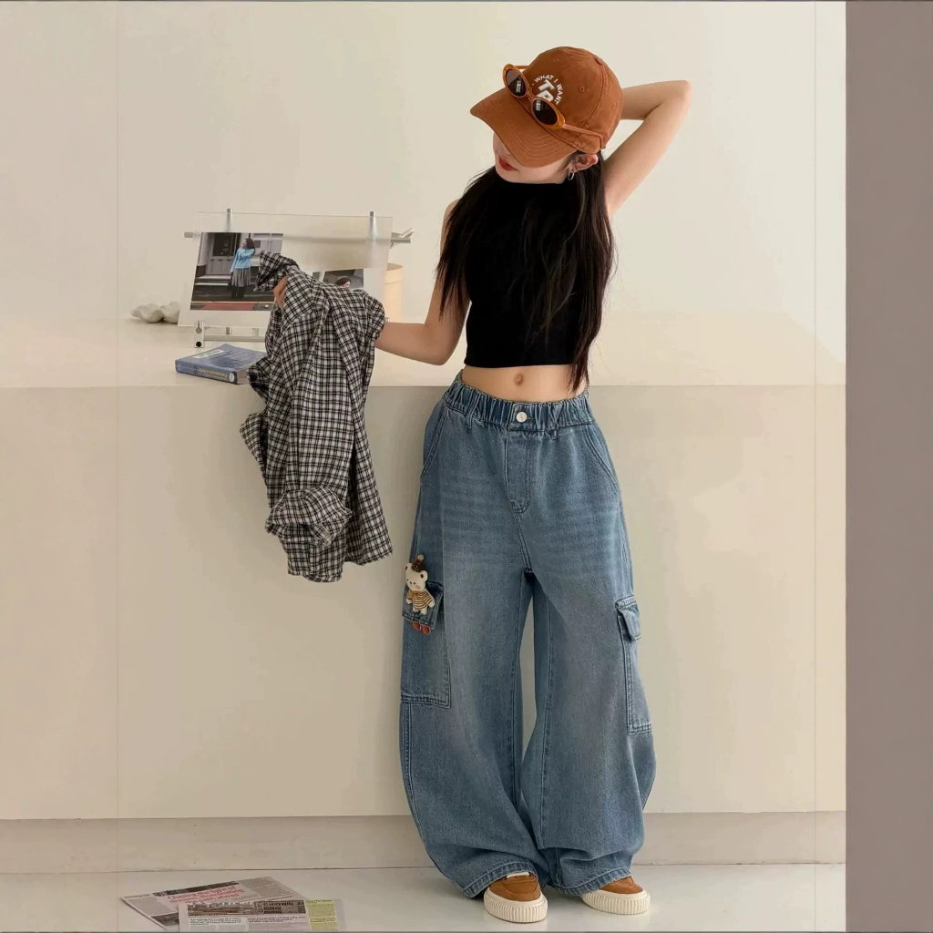 UJOLLYY جينز كارغو بنات بنقش دب — صورة 7