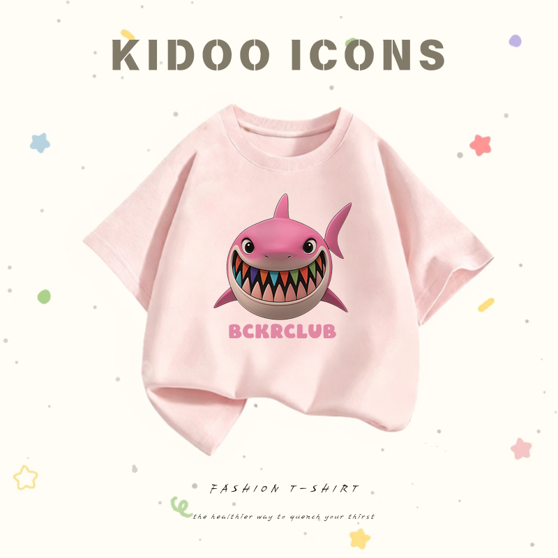 KIDOO ICONS เสื้อเด็กผู้ชายฤดูร้อน ลำลอง ทรงหลวม สีชมพู ลายฉลามการ์ตูน ผ้าฝ้าย100% #A01+519