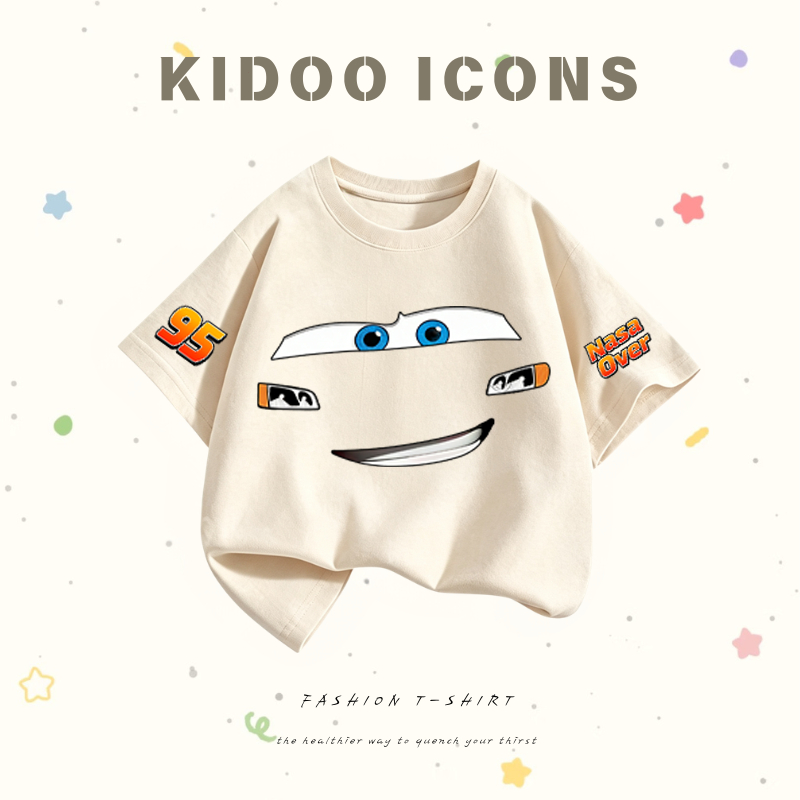 KIDOO ICONS เสื้อยืดเด็กคอกลม ผ้าฝ้าย 100% ลายรถมอเตอร์การ์ตูน น่ารัก แขนสั้น สไตล์เกาหลี#A01+1923
