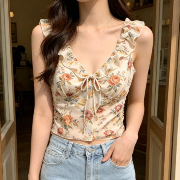 สลิงเสื้อกั๊กลายดอกไม้หวานฝรั่งเศสสวมใส่ด้านนอกสลิมฟิตคอวีลูกไม้ขึ้นการออกแบบทุกการแข่งขันด้านบน